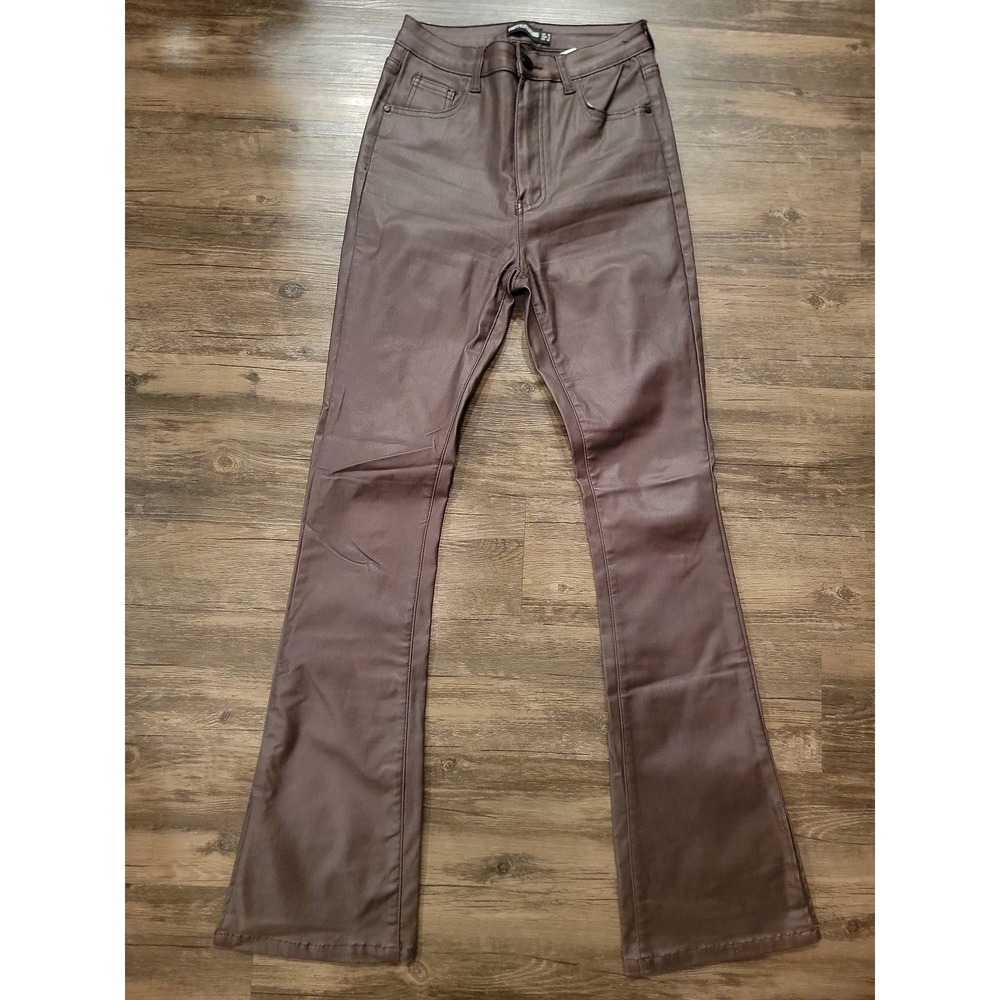 PrettyLittleThing Brown Coated Flare Jeans High Waisted Faux Leather Look Size 6